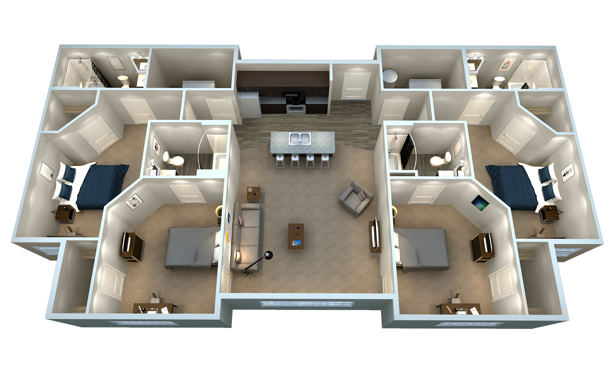 A 3D image of the 4BR/4BA – D1 floorplan, a 1554 squarefoot, 4 bed / 4 bath unit