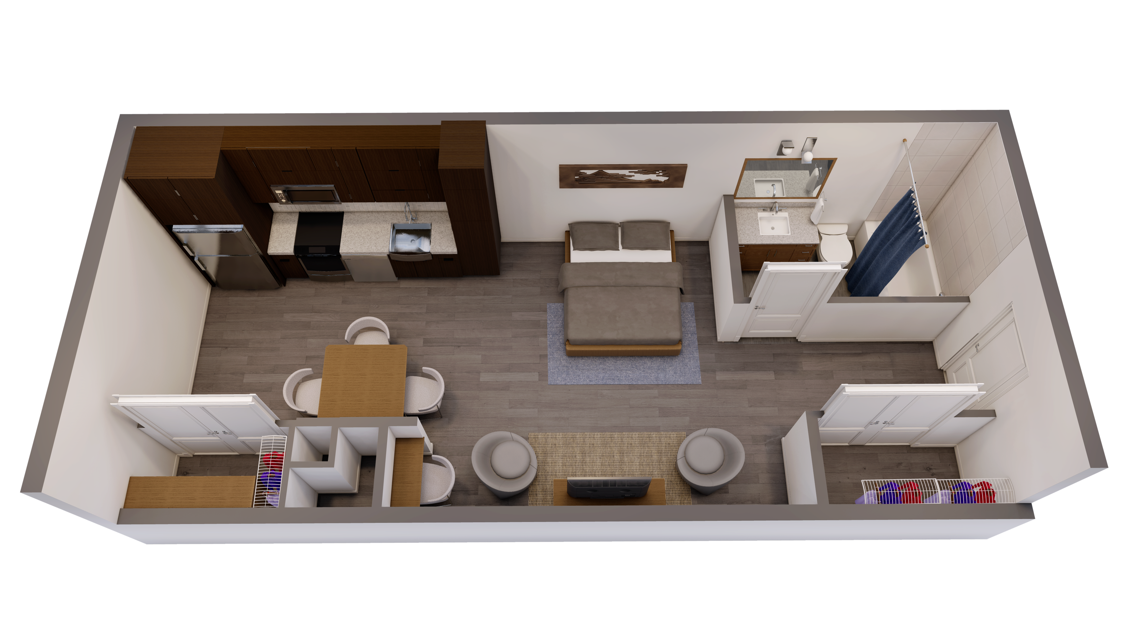 A 3D image of the Studio – S1 floorplan, a 427 squarefoot, 0 bed / 1 bath unit