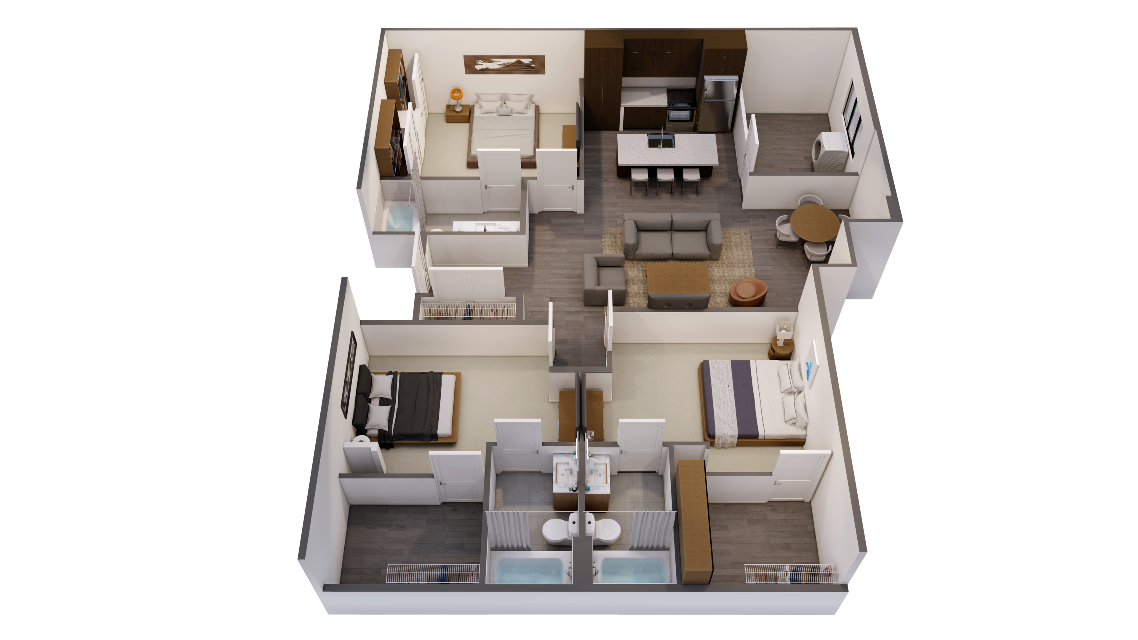 A 3D image of the 3BR/3BA – C1 floorplan, a 1436 squarefoot, 3 bed / 3 bath unit