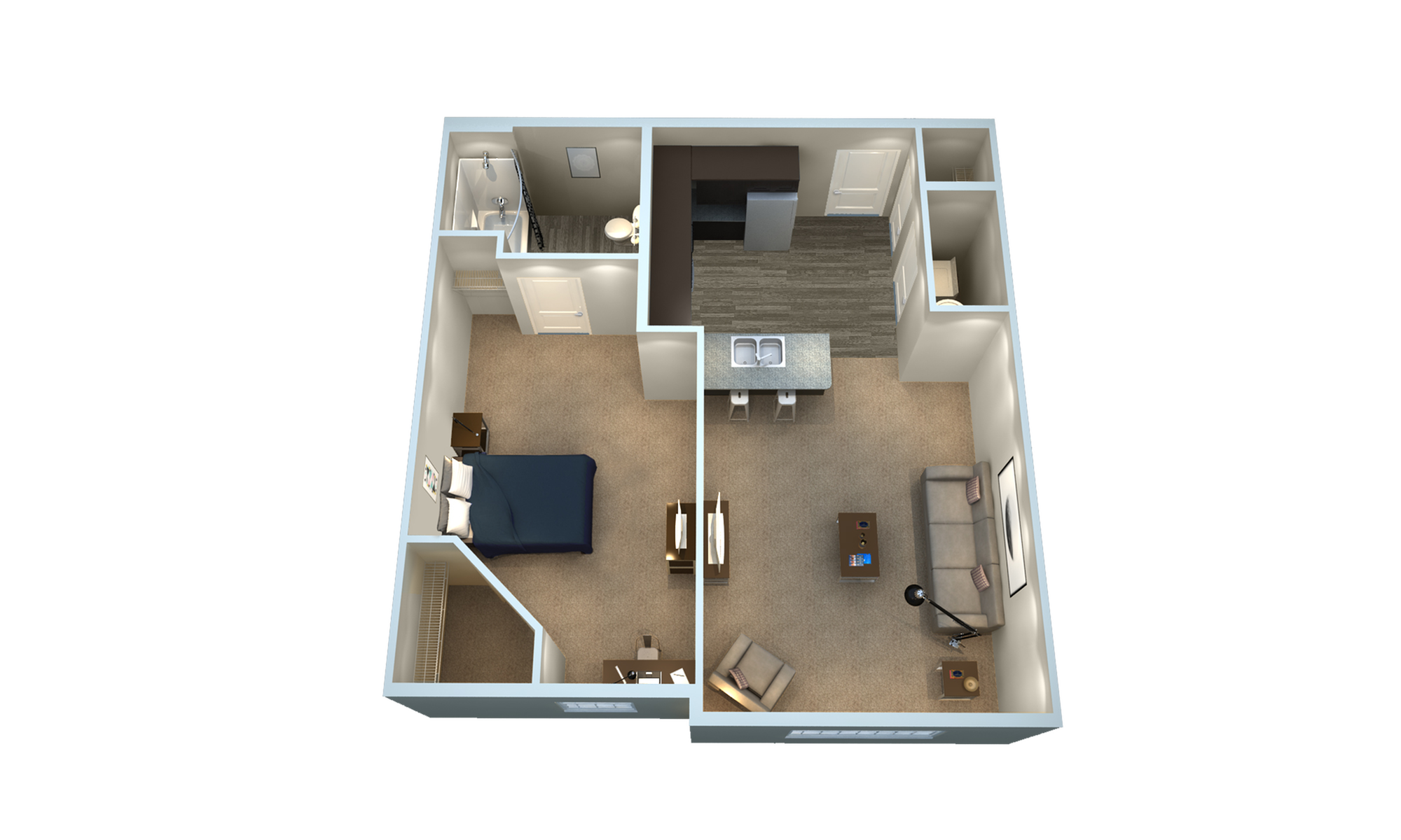 A 3D image of the 1BR/1BA – A1 floorplan, a 625 squarefoot, 1 bed / 1 bath unit