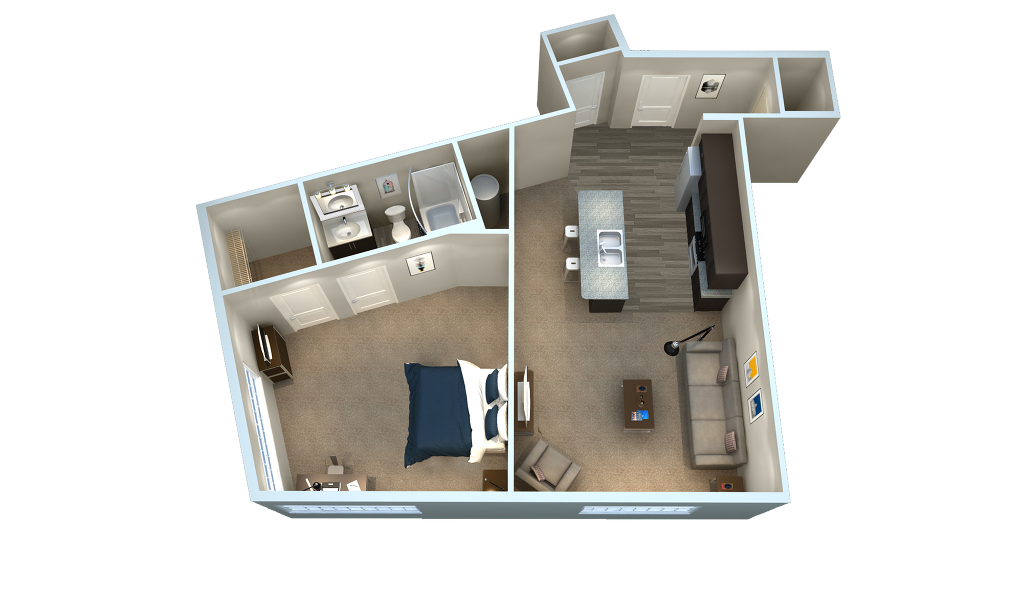 A 3D image of the 1BR/1BA – A3 floorplan, a 707 squarefoot, 1 bed / 1 bath unit