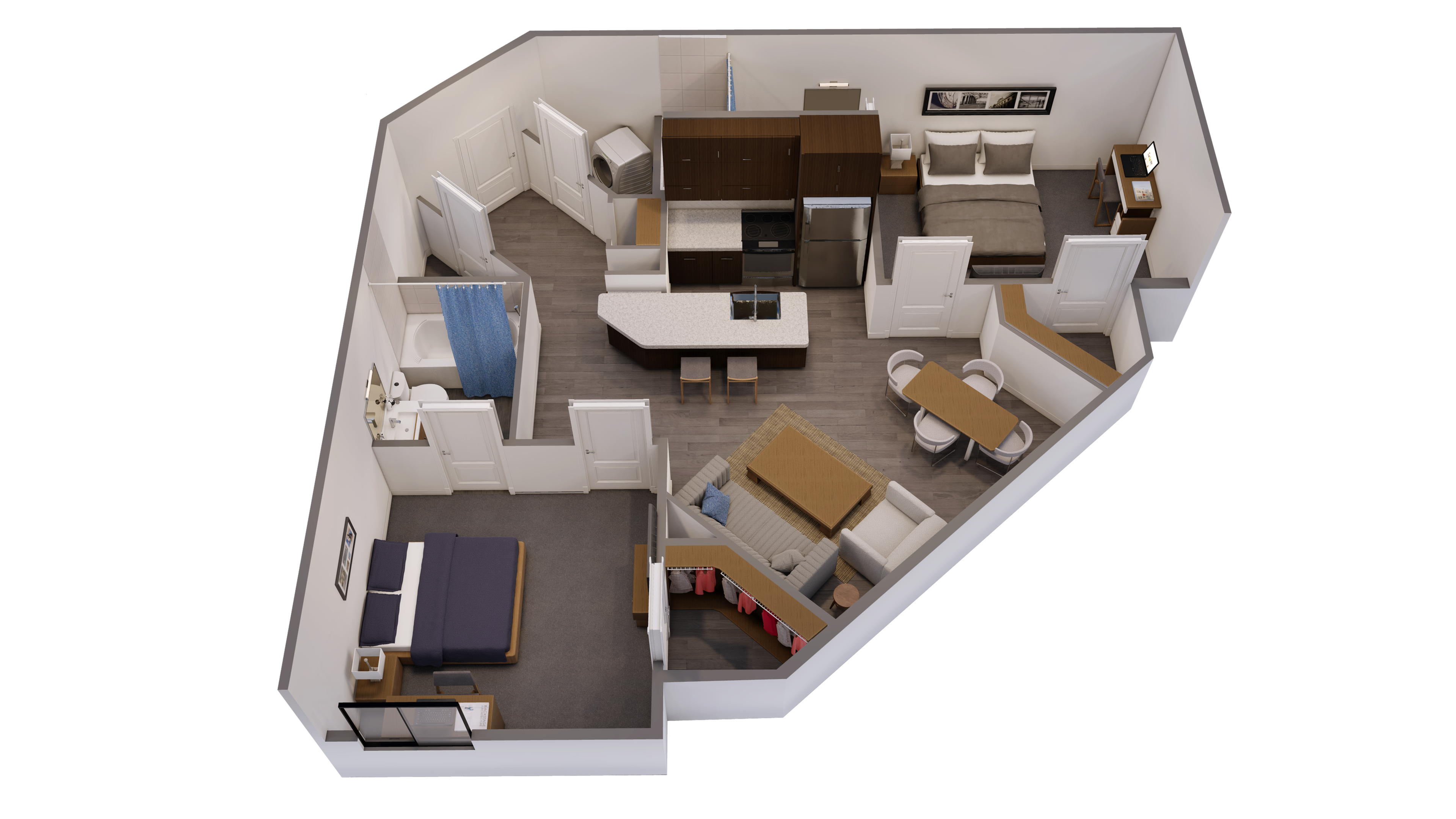 A 3D image of the 2BR/2BA – B3 floorplan, a 901 squarefoot, 2 bed / 2 bath unit