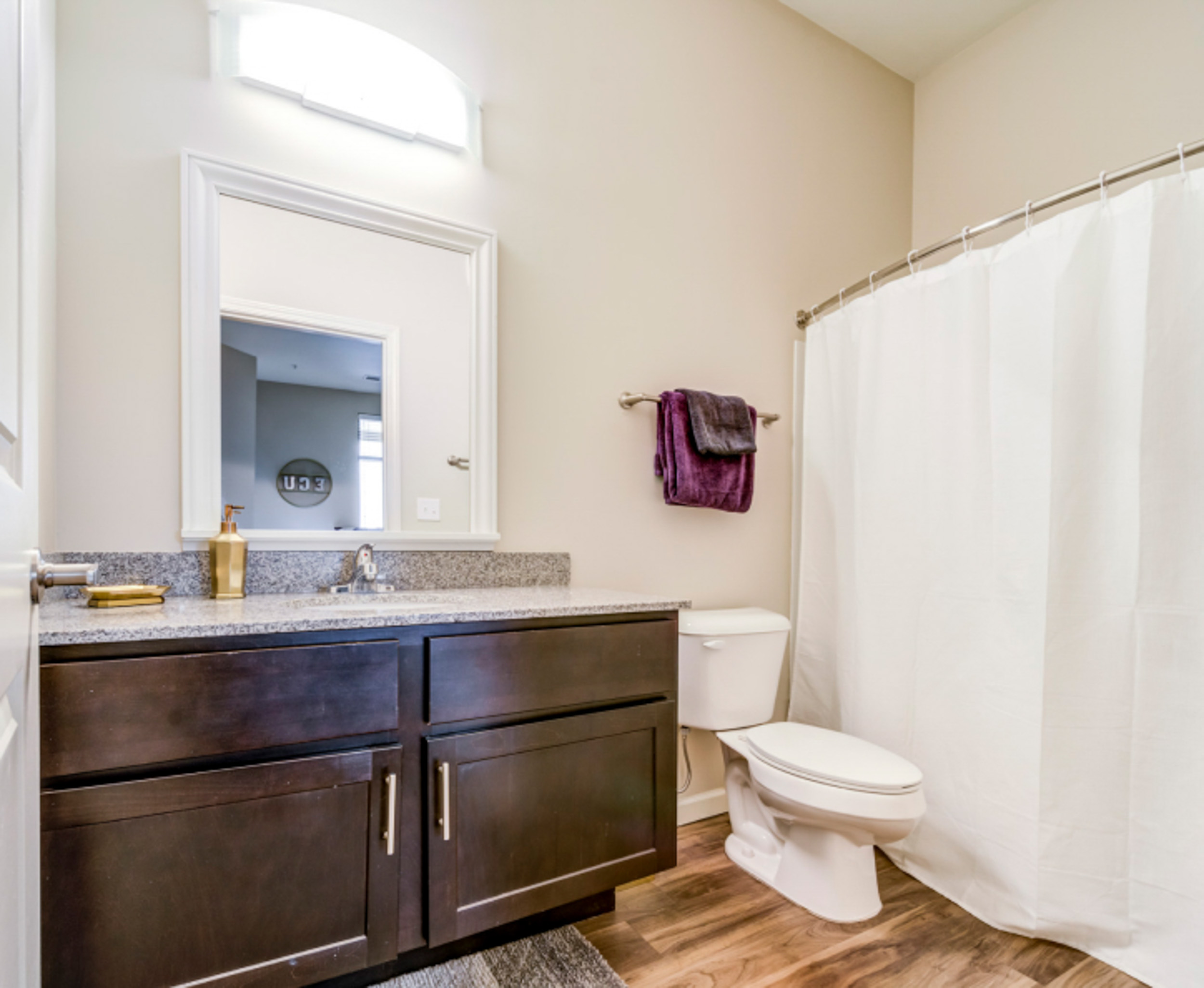 Bathroom with dark wood cabinets