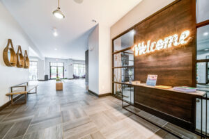 Clubhouse entryway lobby with fitness center