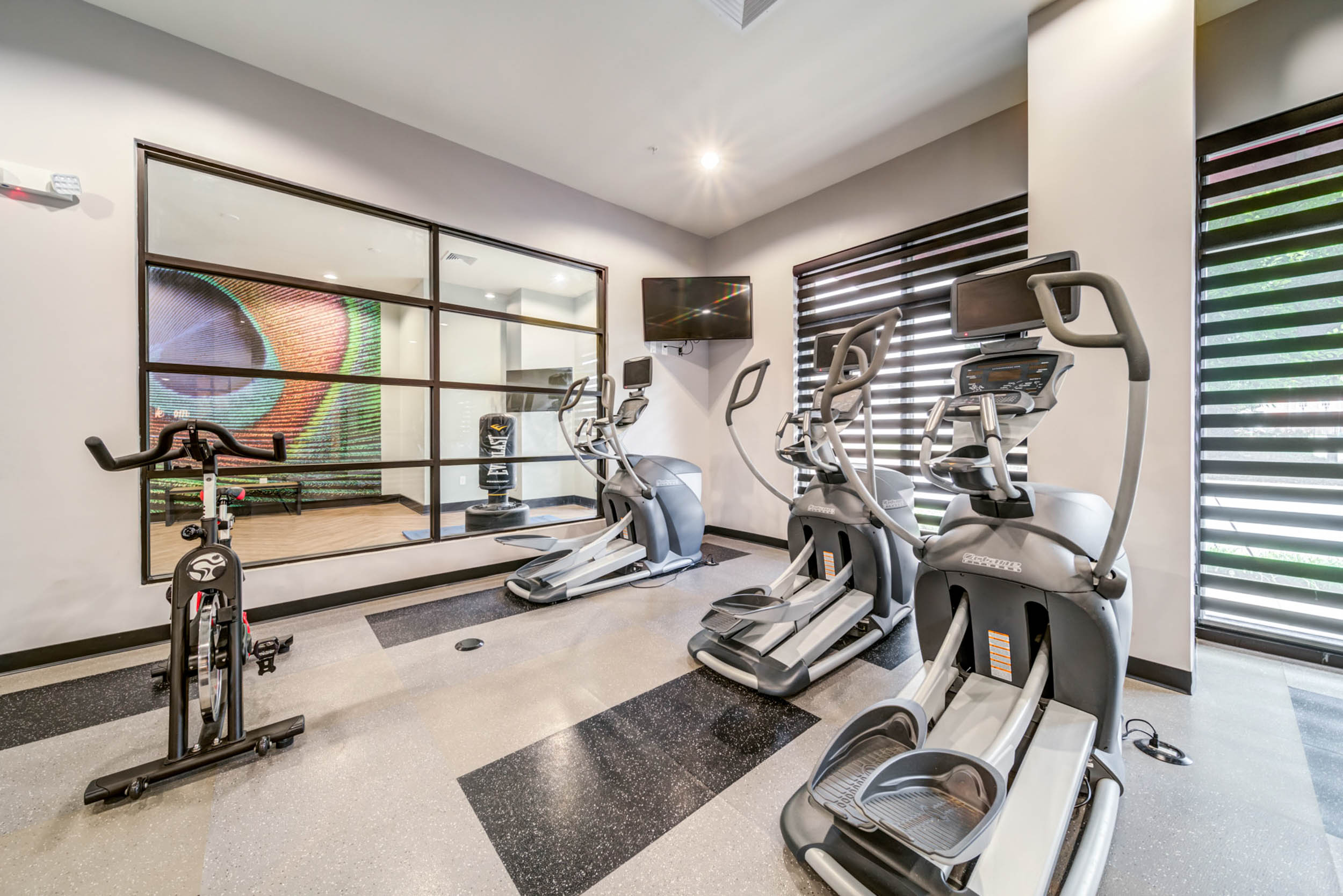 Fitness center with ellipticals and stationary bike