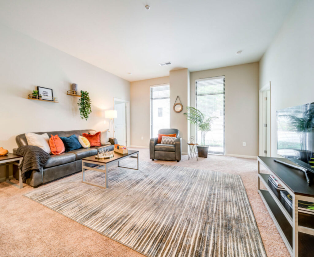 Furnished living room with carpet sofa chair and TV