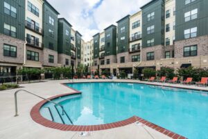 Swimming pool outside apartment buildings