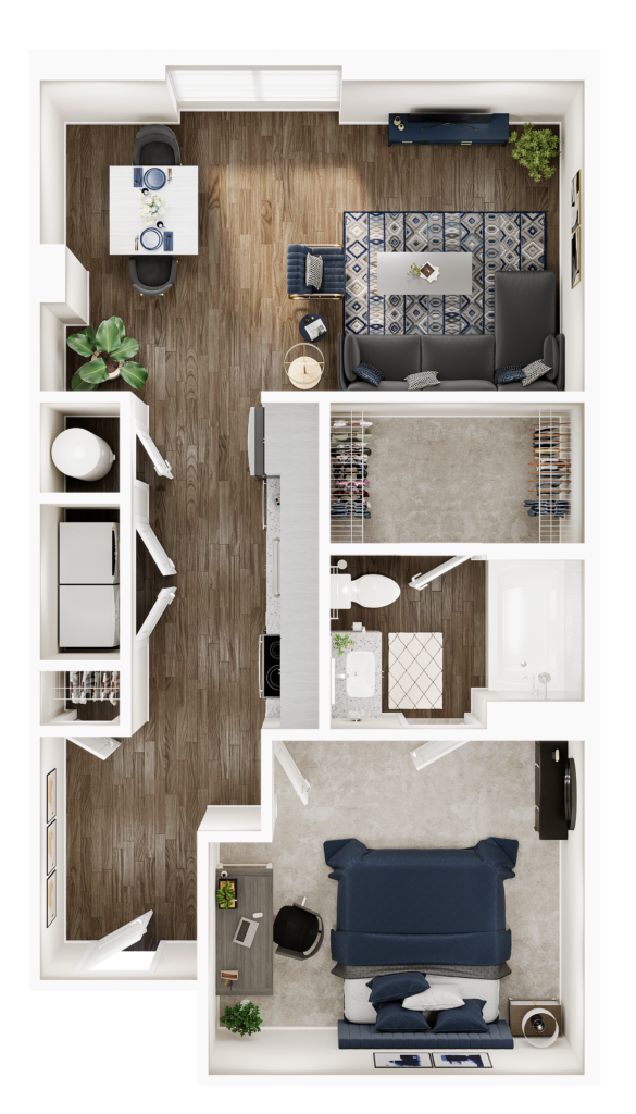 A 3D image of the 1BR/1BA – A3 floorplan, a 707 squarefoot, 1 bed / 1 bath unit