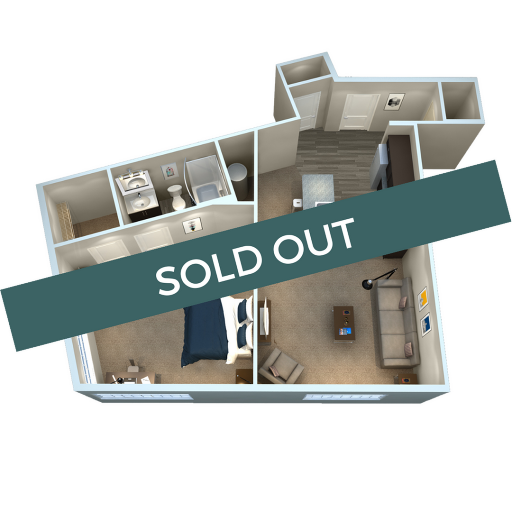 A 3D image of the 1BR/1BA – A3 floorplan, a 707 squarefoot, 1 bed / 1 bath unit