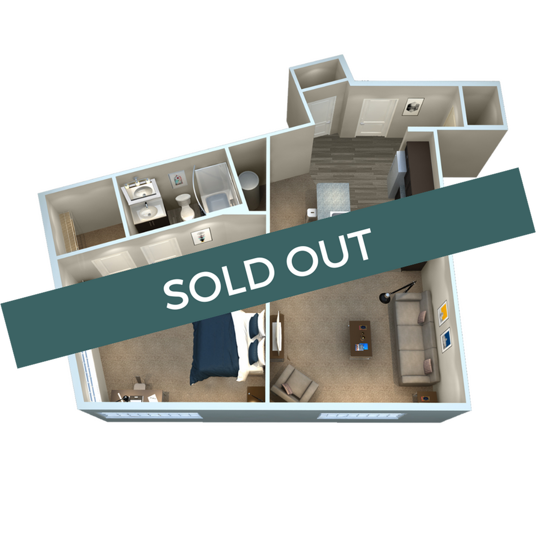 A 3D image of the 1BR/1BA – A3 floorplan, a 707 squarefoot, 1 bed / 1 bath unit