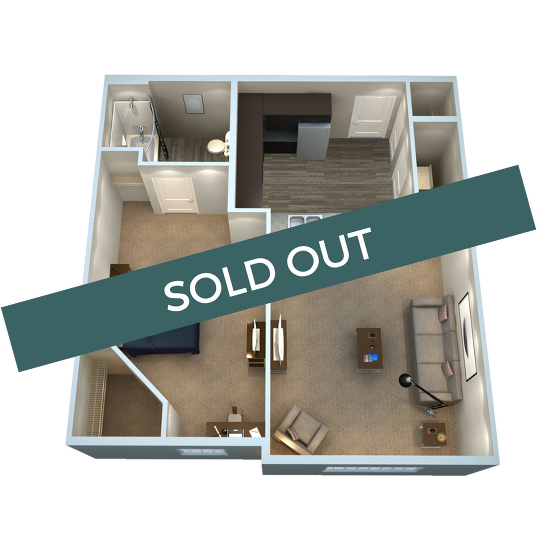 A 3D image of the 1BR/1BA – A1 floorplan, a 625 squarefoot, 1 bed / 1 bath unit