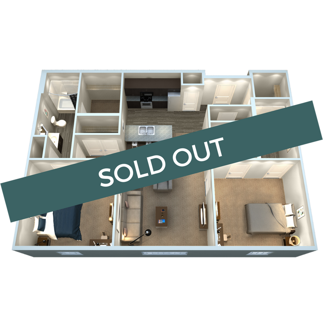 A 3D image of the 2BR/2BA – B1 floorplan, a 989 squarefoot, 2 bed / 2 bath unit
