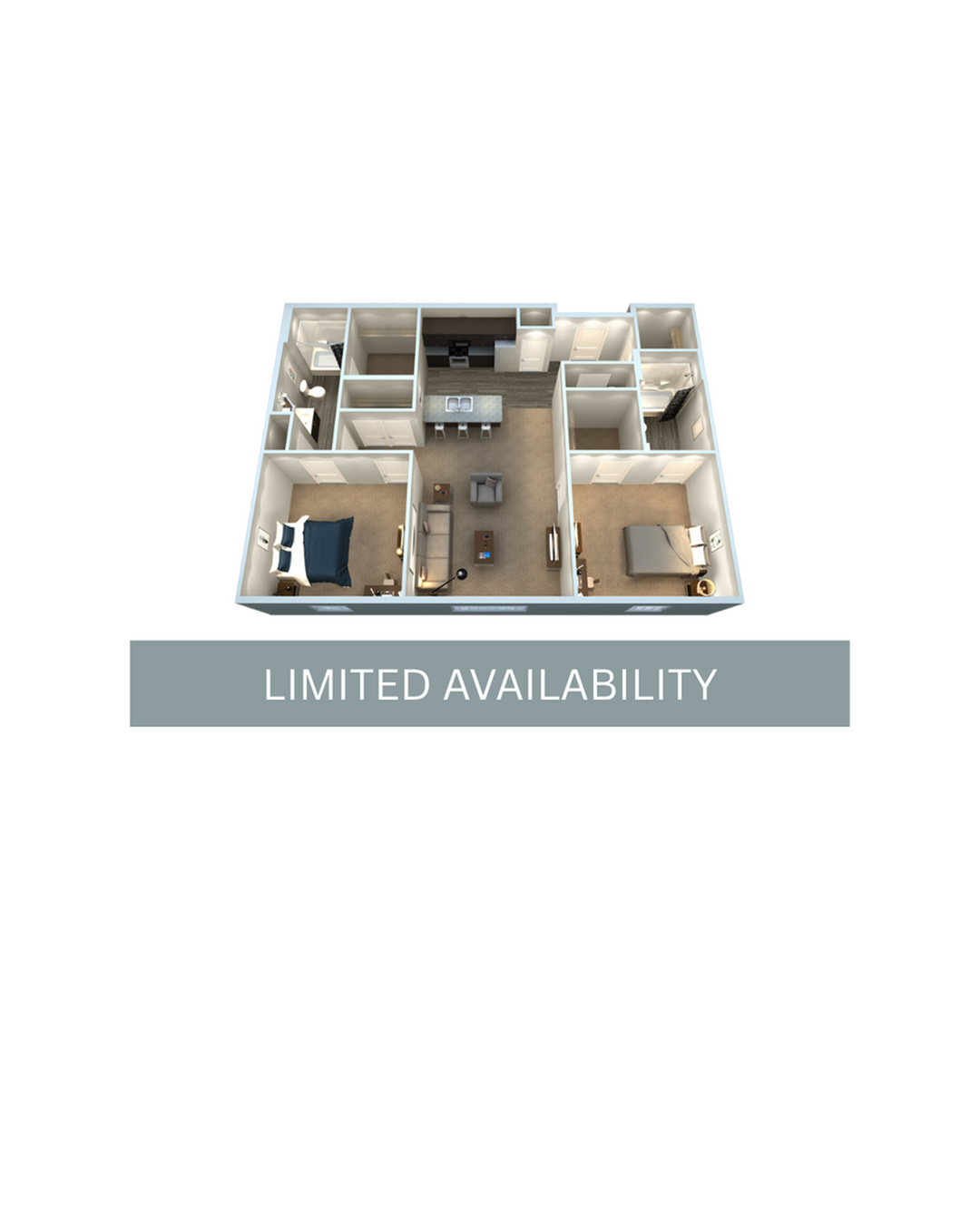A 3D image of the 2BR/2BA – B1 floorplan, a 989 squarefoot, 2 bed / 2 bath unit