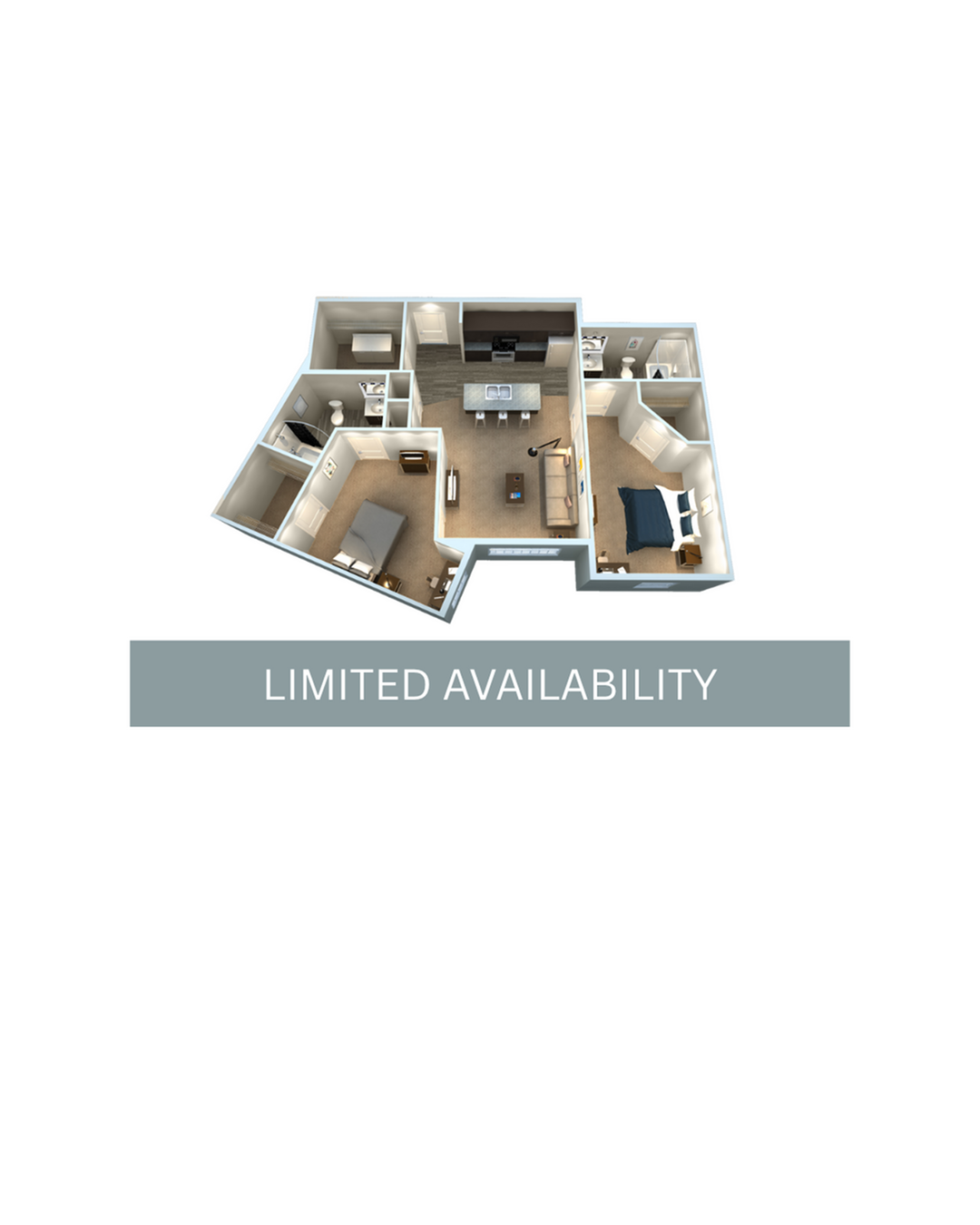 A 3D image of the 2BR/2BA – B2 floorplan, a 903 squarefoot, 2 bed / 2 bath unit