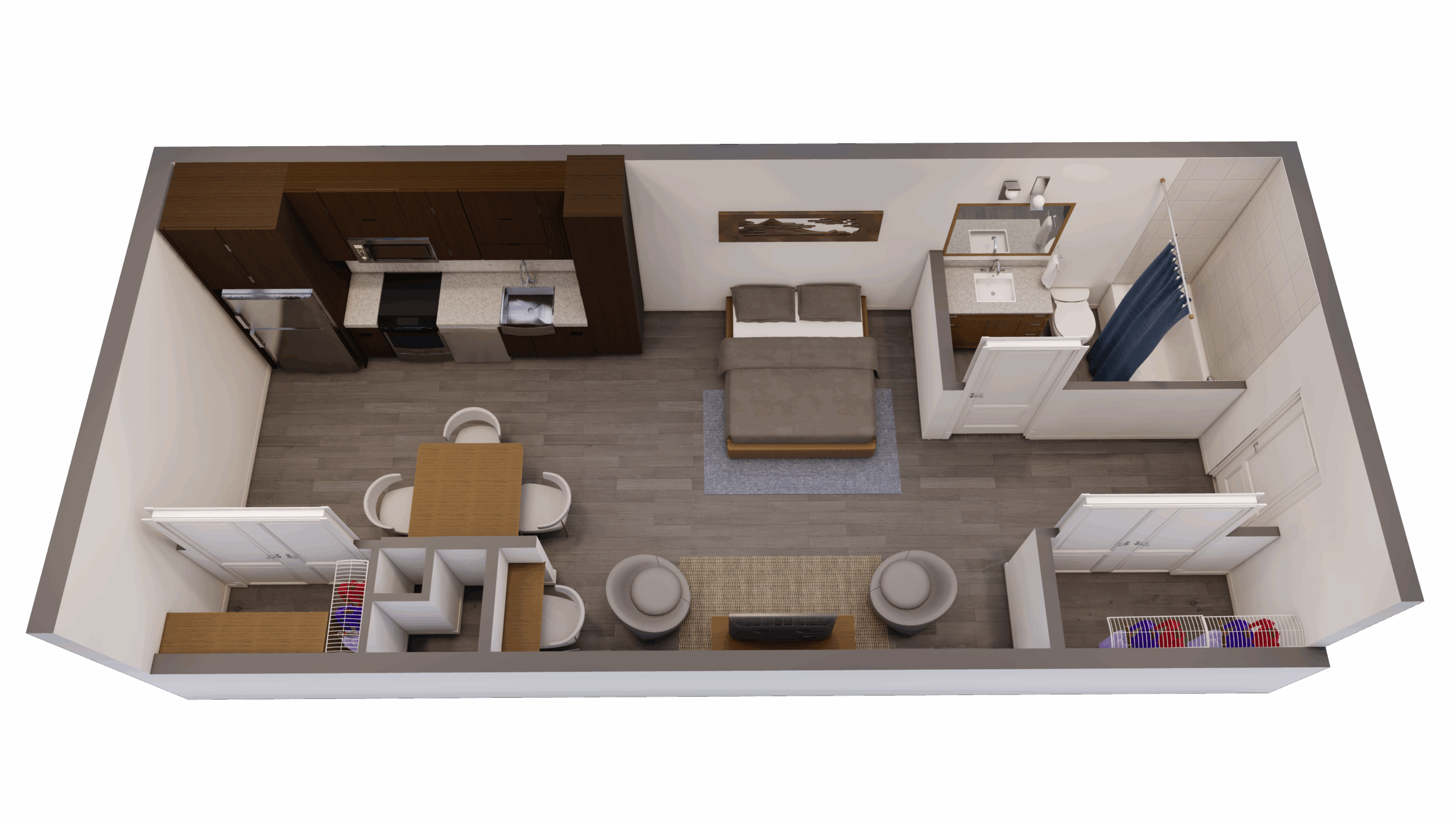 A 3D image of the Studio – S1 floorplan, a 427 squarefoot, 0 bed / 1 bath unit