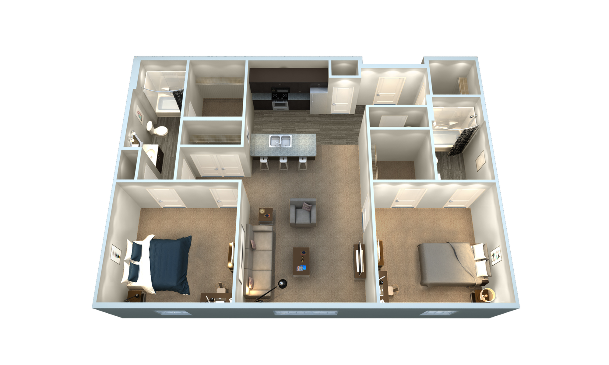 A 3D image of the 2BR/2BA – B1 floorplan, a 989 squarefoot, 2 bed / 2 bath unit