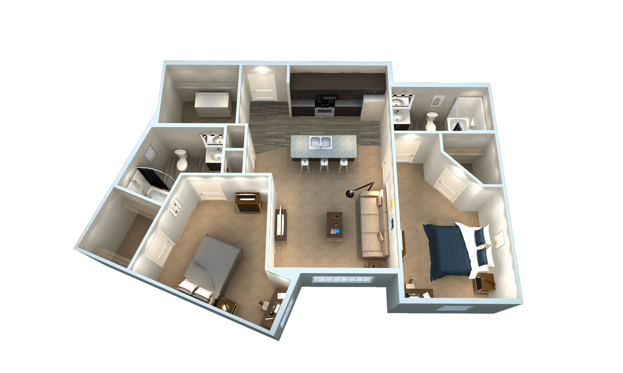 A 3D image of the 2BR/2BA – B2 floorplan, a 903 squarefoot, 2 bed / 2 bath unit