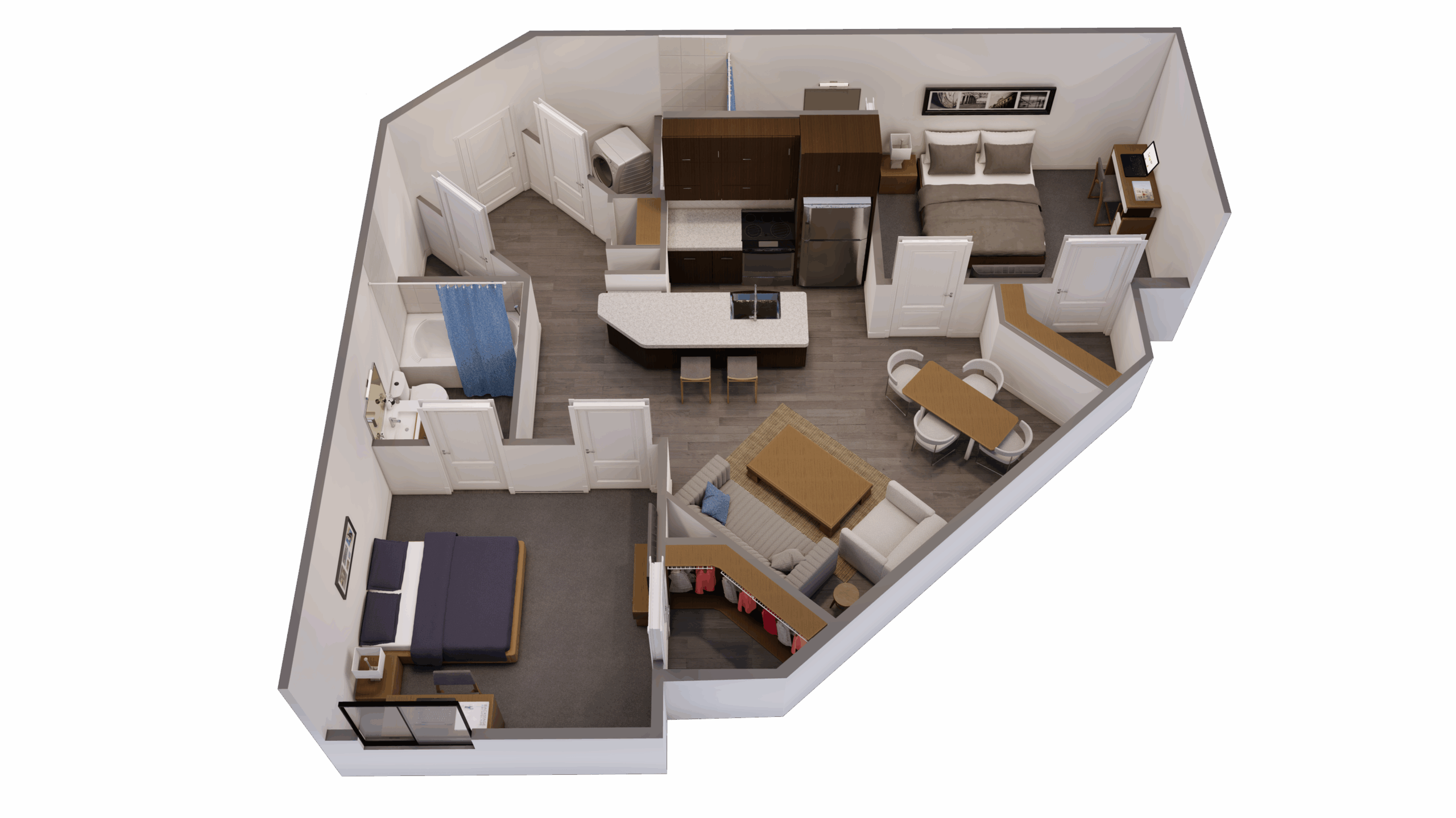 A 3D image of the 2BR/2BA – B3 floorplan, a 901 squarefoot, 2 bed / 2 bath unit